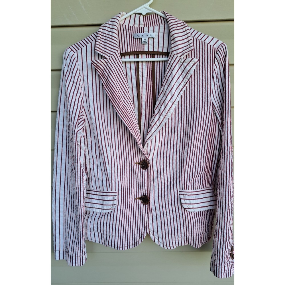 Cabi Women's Red/White Cotton Striped Stretch 2 Buttons Long Sleeve Blazer 10